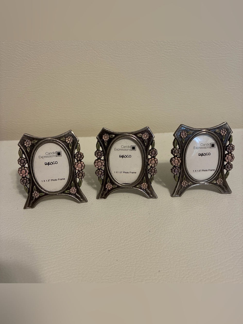 Enesco Tiny Silver-Tone Metal Floral Photo Frames Lot of 3